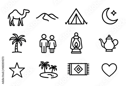 Desert Romance Icons. Outline icon set of desert romance trips: camel, sand dune, tent, moon, palm tree,