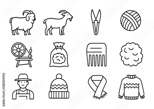 Goat Wool Icons. Outline icon set of goat wool and fiber: angora goat, cashmere goat, shears, yarn ball,