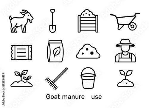 Goat Manure Icons. Outline icon set of goat manure use: goat, shovel, compost bin, wheelbarrow, straw, bag of