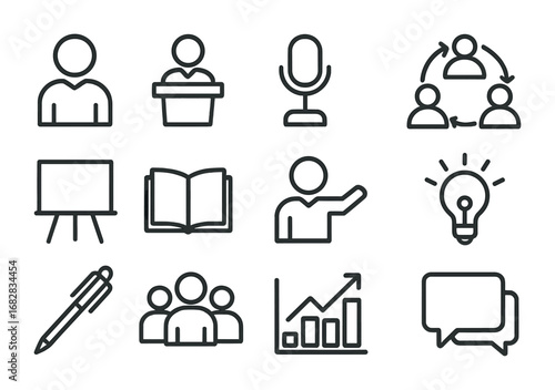 Student Leadership Icons. Outline icon set of student leadership: student, podium, microphone, teamwork circle