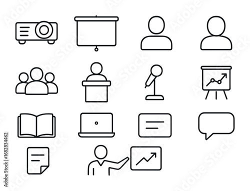 Presentation Icons Set. Outline icon set of group presentations: projector, screen, student, audience, podium,