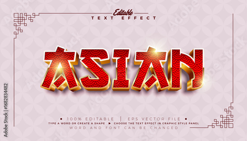 Asian 3D Text Effect Design Editable Vector Graphic Style with Shadow and Red Golden Typography Lettering on Abstract Traditional Pattern Background. Premium Scalable Illustration Mockup Template