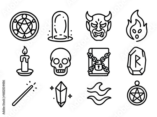 Summoning Spell Icons. Outline icon set of summoning spells: magic circle, glowing portal, demon mask, spirit