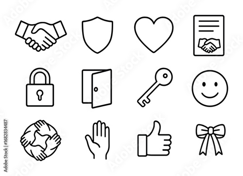 Trust Icons Collection. Outline icon set of trust-building: handshake, shield, heart, agreement document, lock