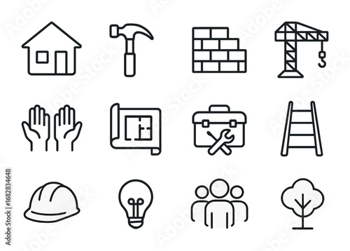 Community Rebuilding Icons. Outline icon set of community rebuilding: house, hammer, brick wall, crane,