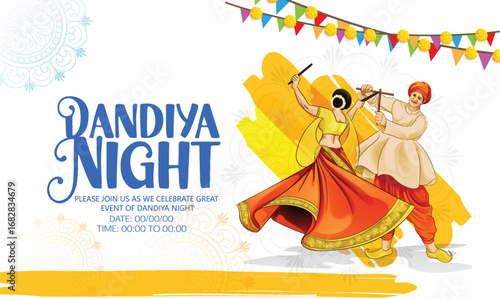 Dandiya Dance Celebration During Navratri Festival Night  Dandiya dance performance during the Navratri festival with colorful costumes and an energetic ambiance.