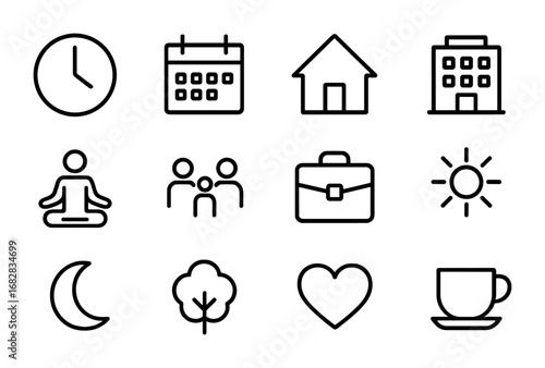 Work-Life Balance Icons. Outline icon set of work-life balance: clock, calendar, home, office building, yoga