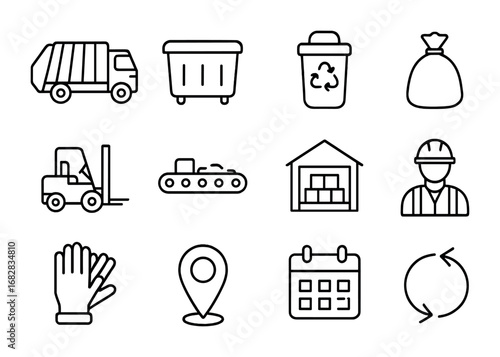 Waste Collection Icons. Outline icon set of waste collection logistics: garbage truck, dumpster, recycling bin