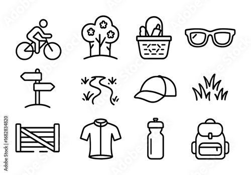 Spring Cycling Icons. Outline icon set of spring cycling tour: rider silhouette, blooming trees, picnic basket