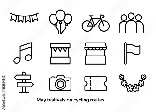 May Festival Icons. Outline icon set of May festivals on cycling routes: banner, balloons, bicycle, crowd,