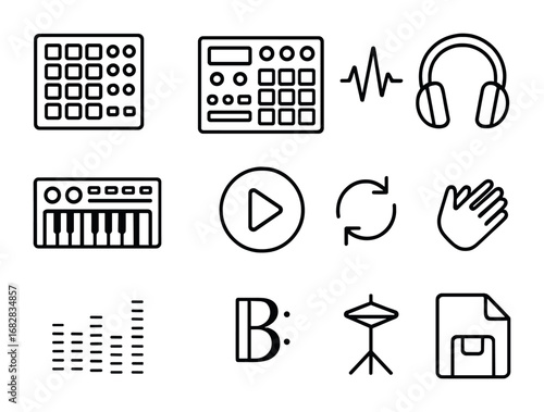 Music Production Icons. Outline icon set of producing beats: drum pad, sampler, midi keyboard, headphone,