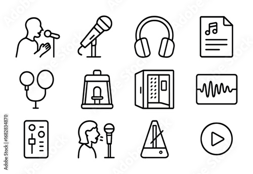 Vocal Recording Icons. Outline icon set of vocal recording: singer, microphone stand, headphones, lyric sheet,