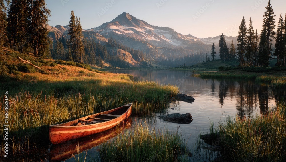 Obraz premium Peaceful lake scene, canoe, mountain sunrise