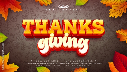 Thanksgiving Editable Text Effect Design with Autumnal Falling Leaves and Typography Lettering Graphic Style with Shadow on Hand Drawn Doodle Background. Vector Traditional Seasonal Holiday