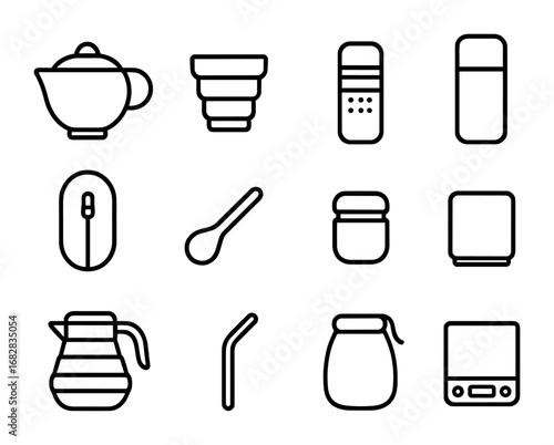 Portable Tea Kit Icons. Outline icon set of portable tea brewing kits: travel teapot, folding cup, infuser