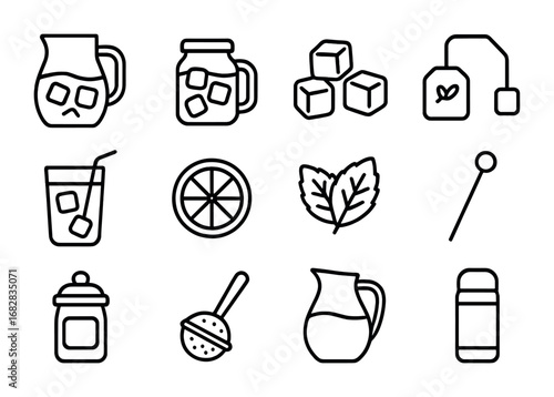 Iced Tea Iconography. Outline icon set of iced tea preparation: pitcher, mason jar, ice cubes, tea bag, glass