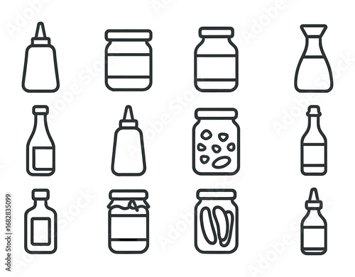 Fridge Condiments Icons. Outline icon set of condiments in fridge: ketchup bottle, mustard jar, mayonnaise tub