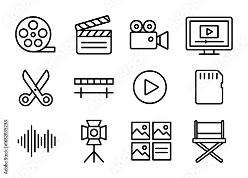 Film Studio Icons. Outline icon set of film editing studio: film reel, clapperboard, camera, editing monitor,