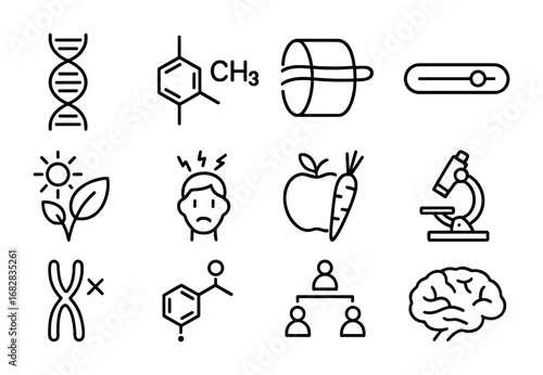 Epigenetics Icon Set. Outline icon set of epigenetics: DNA strand, methyl group, histone protein, gene switch,