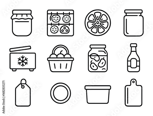 Fruit Preservation Icons. Outline icon set of fruit preservation: jam jar, drying rack, dehydrated fruit slice