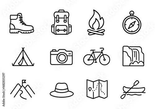 Eco-Tourism Icon Set. Outline icon set of eco-tourism: hiking boots, backpack, campfire, compass, tent, camera