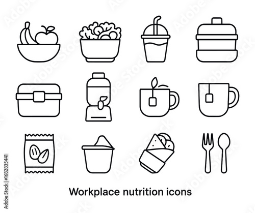 Workplace Nutrition Icons. Outline icon set of workplace nutrition: fruit bowl, salad box, smoothie cup,