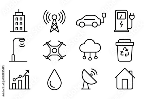 Smart City Icons. Outline icon set of smart cities: skyscraper, network tower, electric car, charging station,