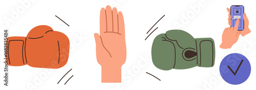 Orange and green boxing gloves, open palm gesture, hand holding a device with a checkmark. Ideal for conflict, negotiation, resolution, communication, decision-making teamwork collaboration. A