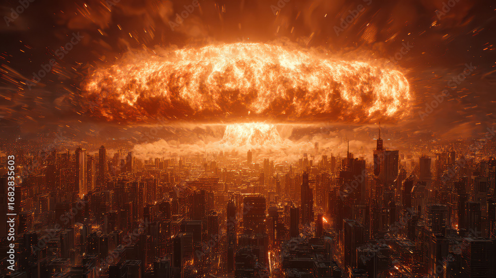 Fototapeta premium City Under Siege: A fiery explosion erupts dramatically over a sprawling cityscape, the ominous mushroom cloud casting a shadow of destruction over the towering buildings.