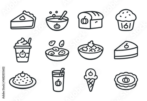 Pumpkin Foods Icon Set. Outline icon set of pumpkin-based foods: pumpkin pie, pumpkin soup, pumpkin bread,