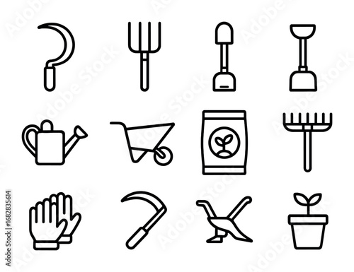Farm Tool Icons. Outline icon set of farm harvest tools: sickle, pitchfork, shovel, hoe, watering can,