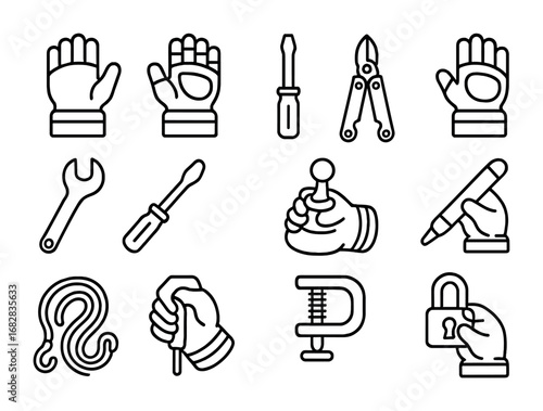 Astronaut Glove Tool Icons. Outline icon set of astronaut gloves and hand tools: thermal glove, reinforced