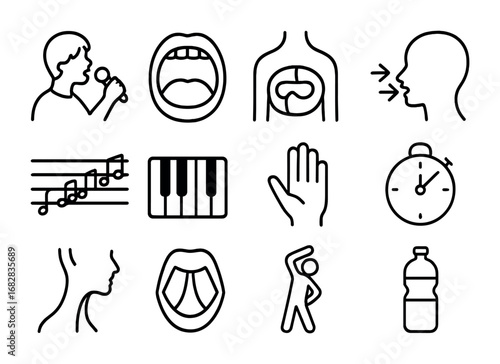 Vocal Warm-Up Icons. Outline icon set of vocal warm-up exercises: singer silhouette, open mouth, diaphragm