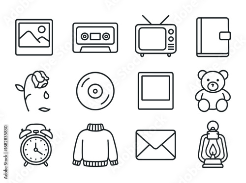 Nostalgic Icon Collection. Outline icon set of nostalgia: old photo, cassette tape, retro TV, diary, fading