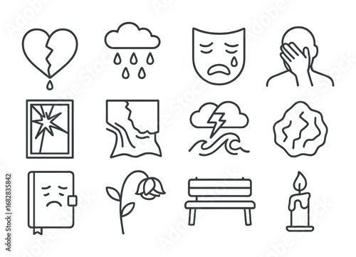 Emotional Pain Icons. Outline icon set of emotional pain: bleeding heart, rain cloud, crying mask, hand over