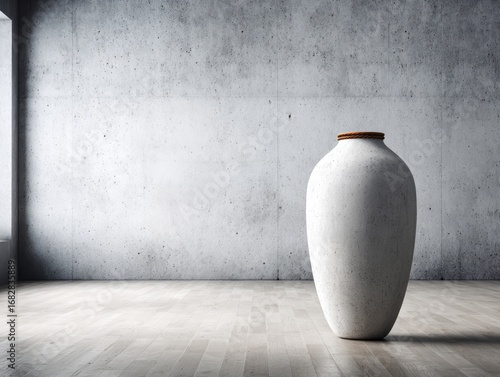 A spacious interior setting, featuring a large, light gray ceramic vase, stands elegantly on a light wooden floor against a textured concrete wall.