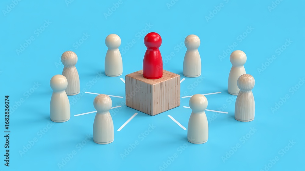 Obraz premium Red leader stands out from a group of white figures connected by lines on a blue background representing teamwork and hierarchy