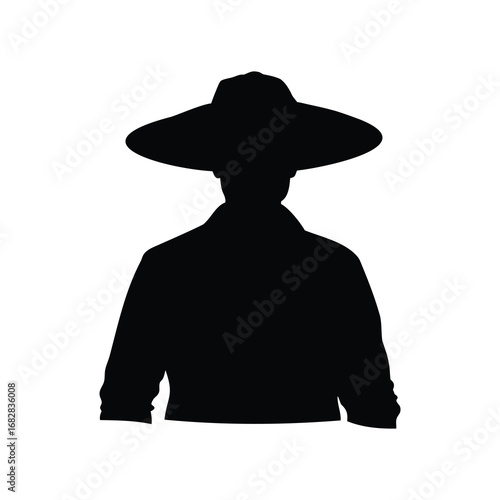 Mysterious figure in shadow wearing a sombrero and buttondown shirt silhouette, farmer with straw hat silhouette vector illustration
