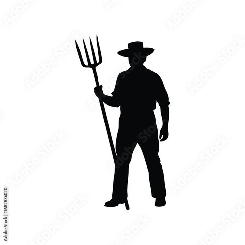 Silhouette of a farmer in a hat holding a pitchfork, working the land, farmer with pitchfork silhouette vector illustration