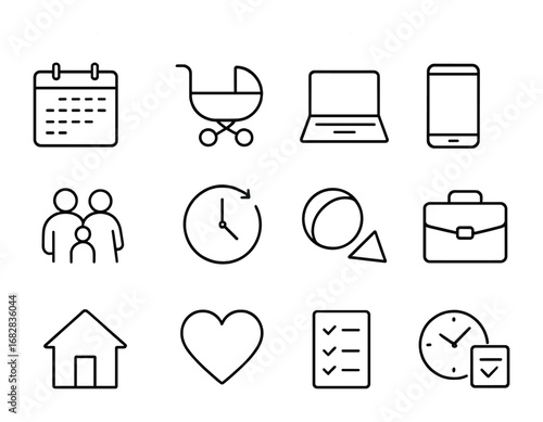 Work-Family Balance Icons. Outline icon set of balancing work and family: calendar, baby stroller, laptop,