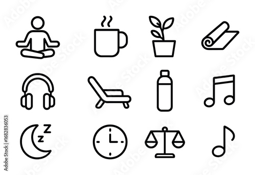 Stress-Free Work Icons. Outline icon set of stress-free work practices: meditation pose, coffee break, desk