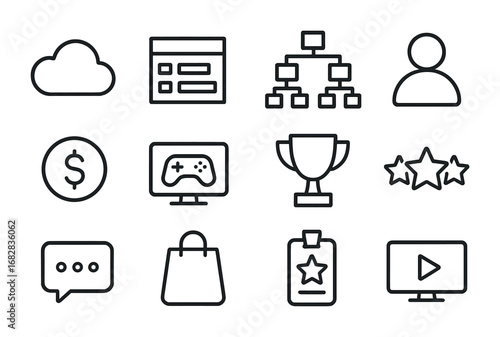 Esports Platform Icons. Outline icon set of online esports platforms: cloud icon, leaderboard, tournament