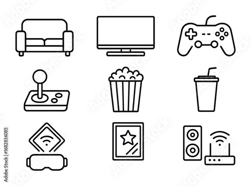 Gaming Lounge Icons. Outline icon set of gaming lounges: sofa, big screen TV, console controller, joystick,