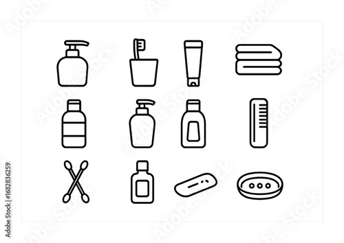 Bathroom Toiletries Icons. Outline icon set of guest bathroom toiletries: hand soap, toothbrush set,