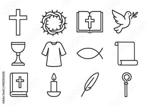 Christology Icons Grid. Outline icon set of Christology disputes: cross, crown of thorns, Bible, dove, chalice