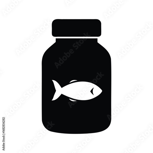 Black and white vector icon of a fish oil supplement bottle, fish oil capsule silhouette vector illustration