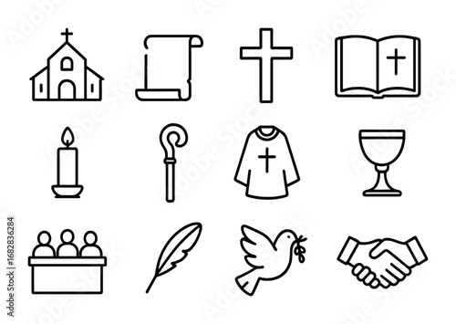 Ecumenical Council Icons. Outline icon set of ecumenical councils: church building, scroll, cross, open Bible,