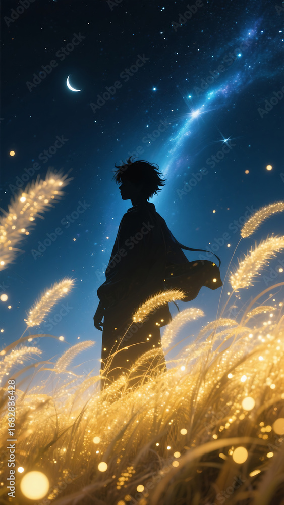 Fototapeta premium The young man turned his side to look back, and his silhouette was formed by golden particles among the grass waves.