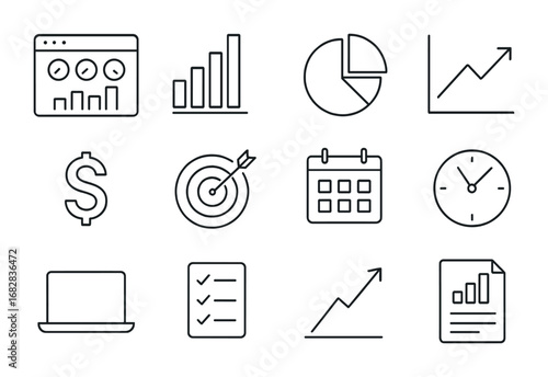 Marketing Metrics Icons. Outline icon set of marketing performance metrics: KPI dashboard, bar graph, pie