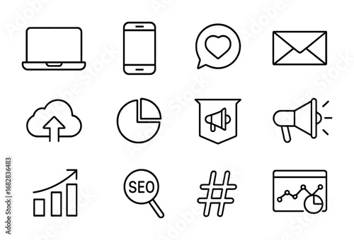 Digital Marketing Icons. Outline icon set of digital marketing tools: laptop, smartphone, social media icon,
